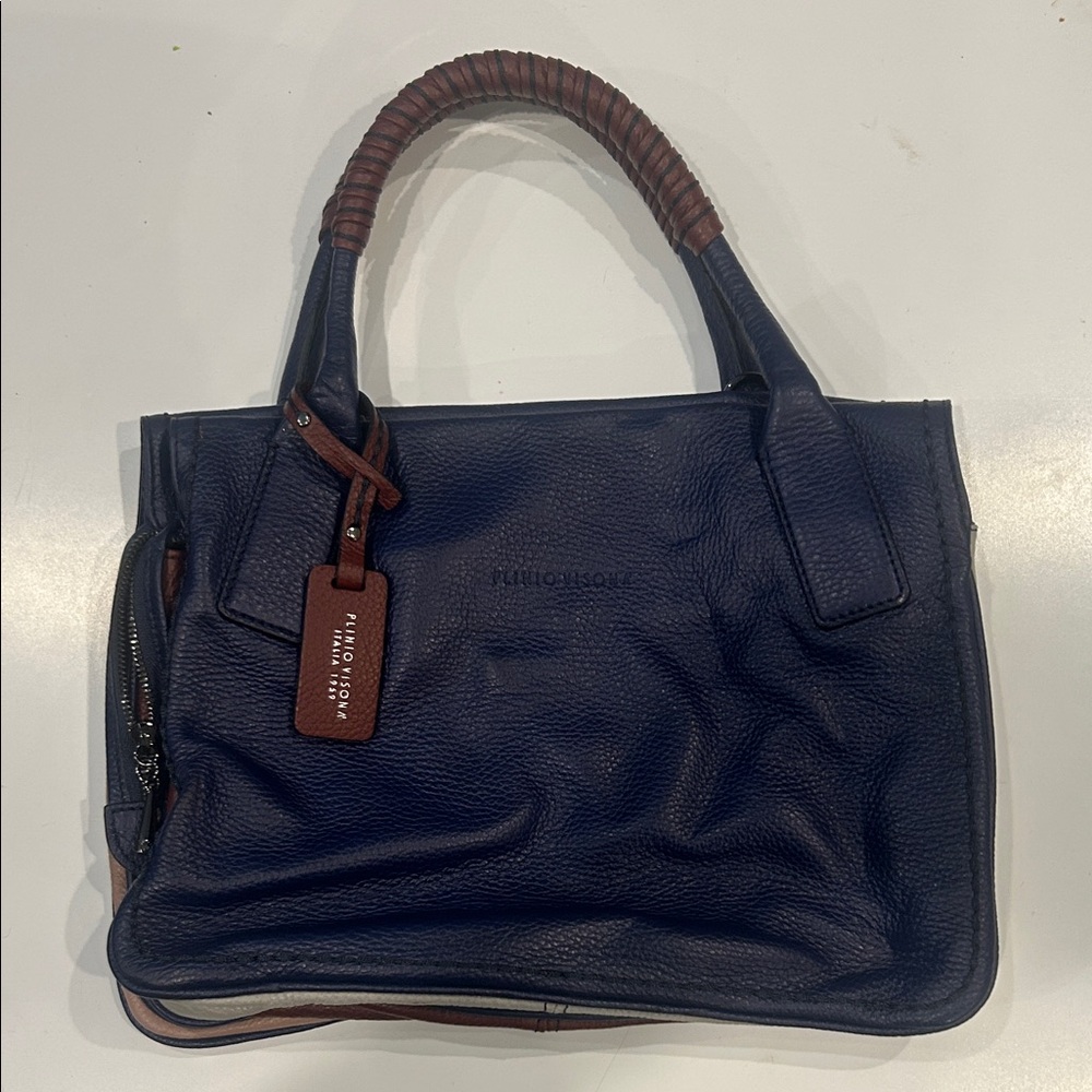 Plinio Visona Blue Leather Bag with Tan Accents